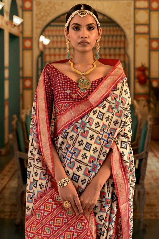 Art Silk Fabric Cream Color Intricate Patola Printed Work Saree