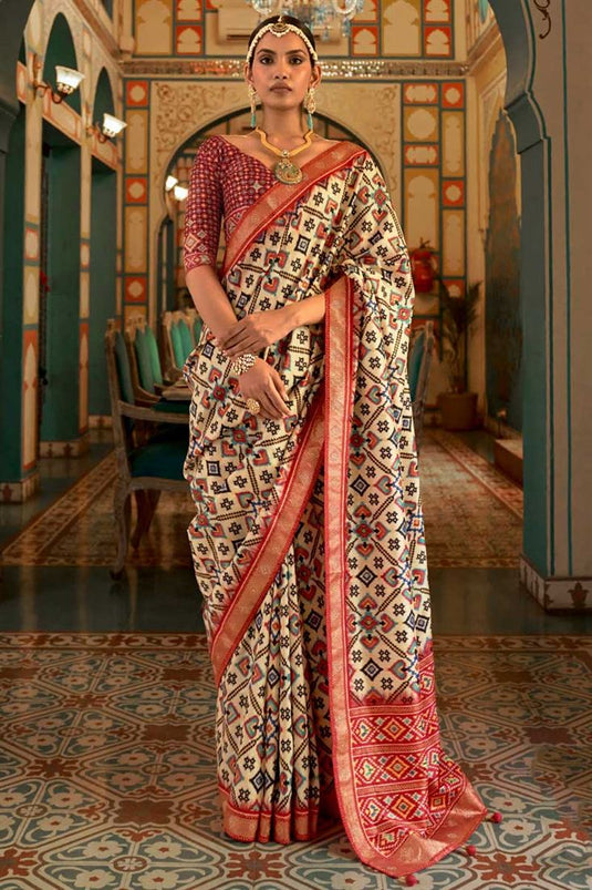 Art Silk Fabric Cream Color Intricate Patola Printed Work Saree