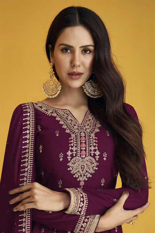 Sonam Bajwa Alluring Georgette Fabric Wine Color Festive Look Anarkali Suit