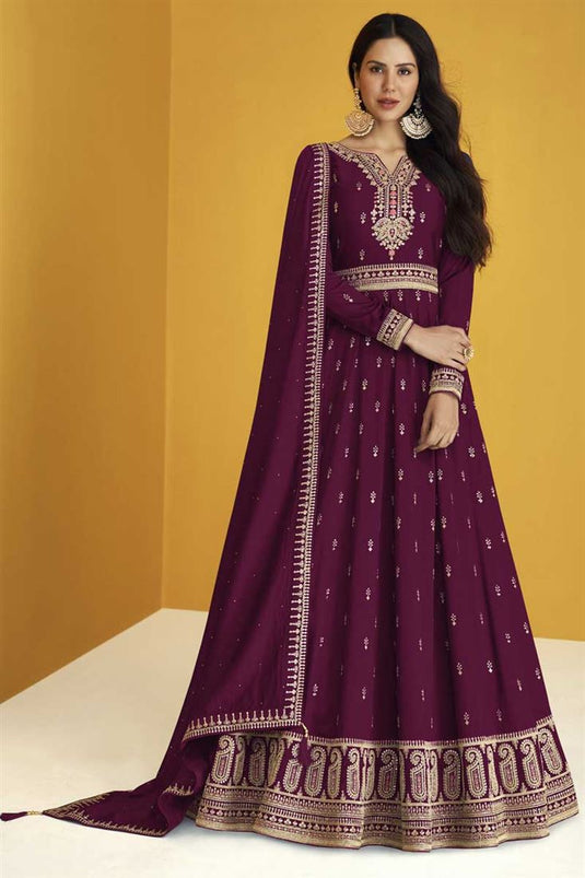 Sonam Bajwa Alluring Georgette Fabric Wine Color Festive Look Anarkali Suit
