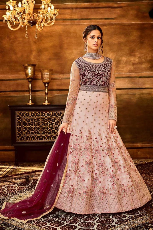 Sangeet Wear Awesome Net Fabric Anarkali Suit In Pink Color