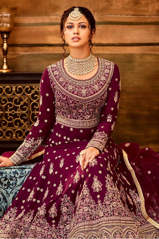 Appealing Sangeet Wear Georgette Fabric Anarkali Suit In Wine Color