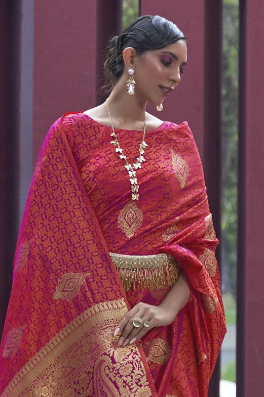 Weaving Work On Satin Silk Tempting Saree In Peach Color