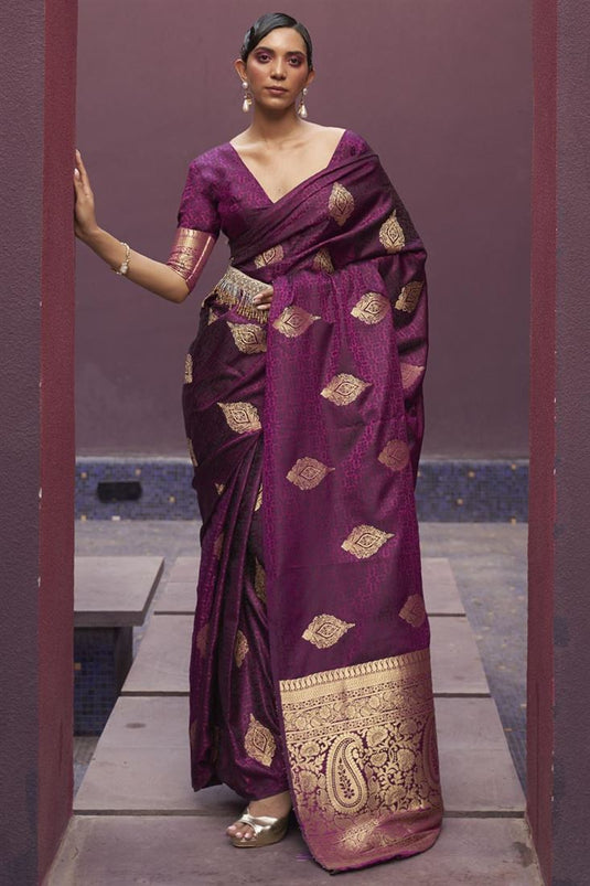 Awesome Weaving Work On Satin Silk Saree In Wine Color