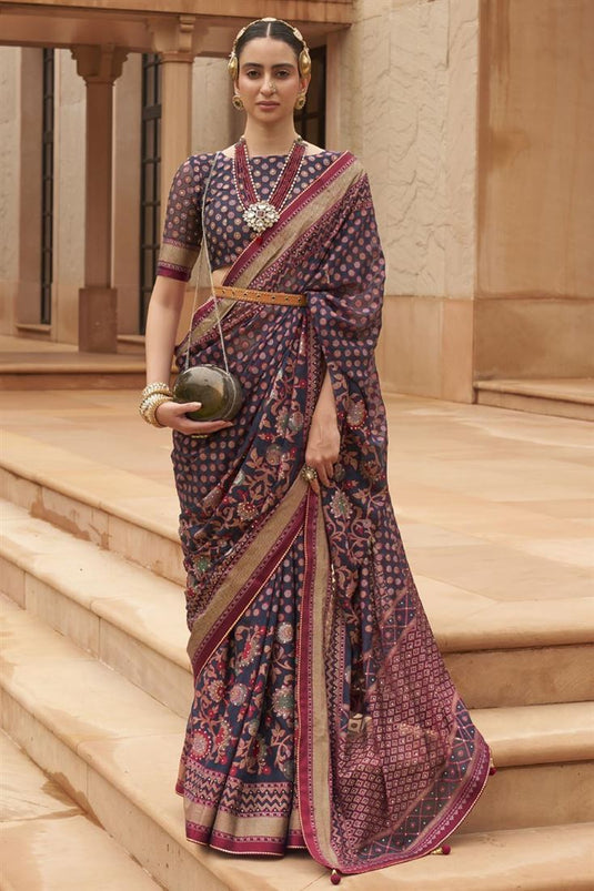 Navy Blue Color Printed Work On Brasso Fabric Stunning Saree