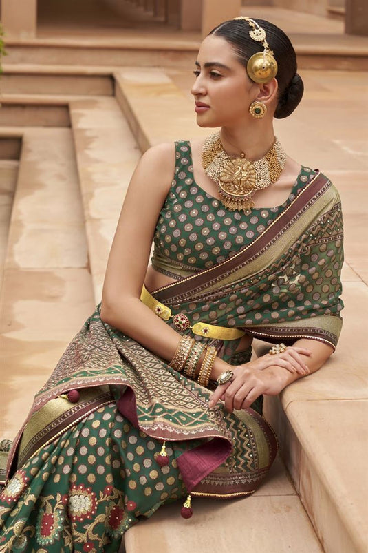 Beguiling Printed Work On Green Color Brasso Fabric Saree