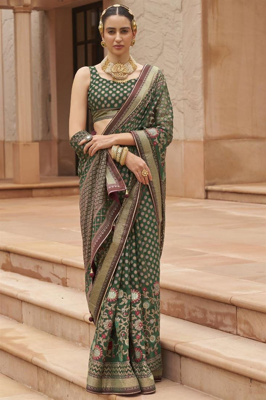 Beguiling Printed Work On Green Color Brasso Fabric Saree