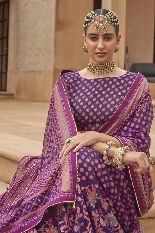 Incredible Printed Work On Brasso Fabric Purple Color Saree