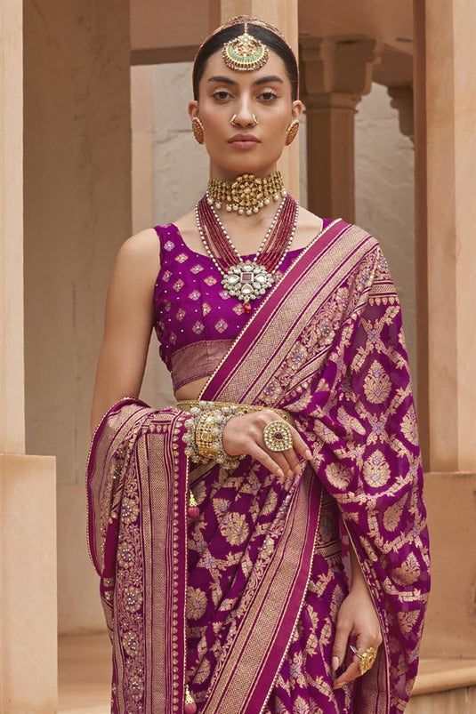 Engaging Brasso Fabric Purple Color Saree With Printed Work