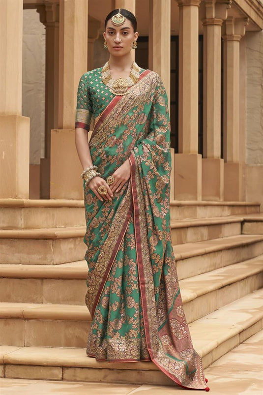 Amazing Printed Work On Green Color Brasso Fabric Saree