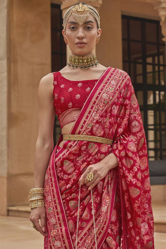 Graceful Brasso Fabric Red Color Saree With Printed Work