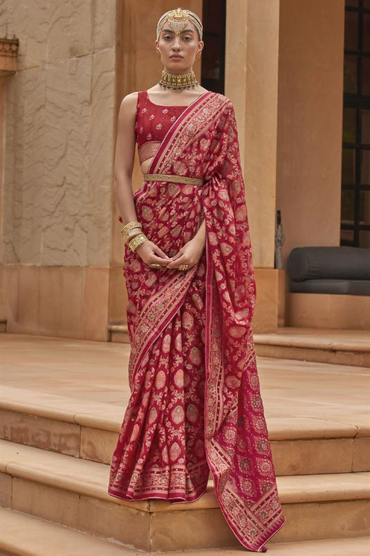 Graceful Brasso Fabric Red Color Saree With Printed Work