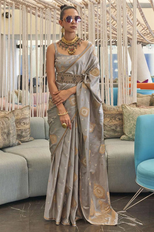 Satin Fabric Embellished Function Wear Grey Color Saree