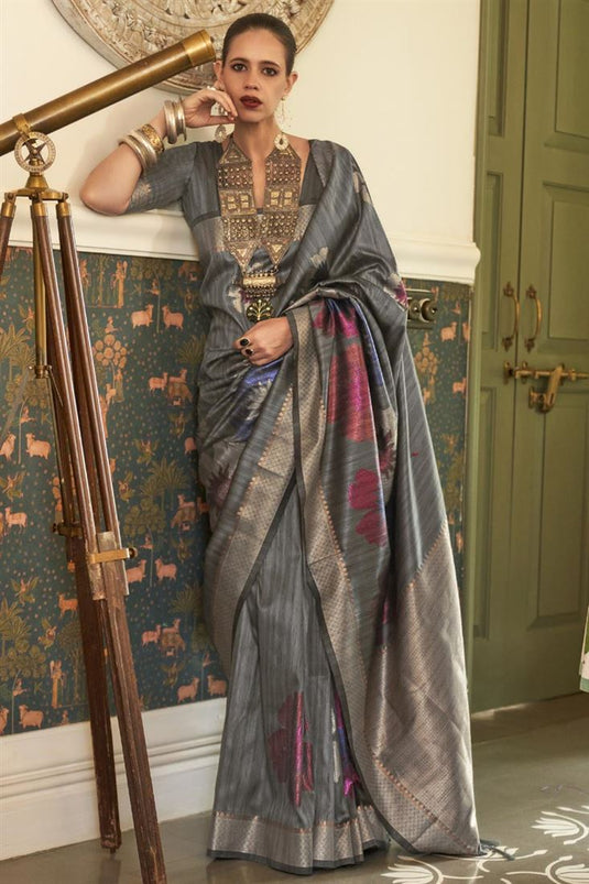 Kalki Koechlin Embellished Grey Color Weaving Designs Silk Saree