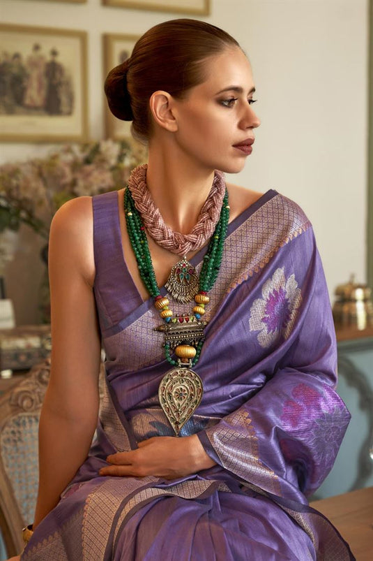 Kalki Koechlin Lavender Color Charismatic Weaving Designs Silk Saree