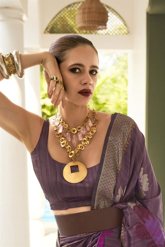 Kalki Koechlin Phenomenal Weaving Designs Purple Color Silk Saree