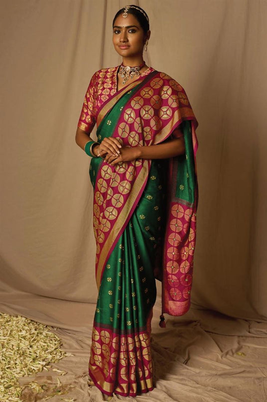 Weaving Work On Brasso Fabric Dark Green Color Gorgeous Saree