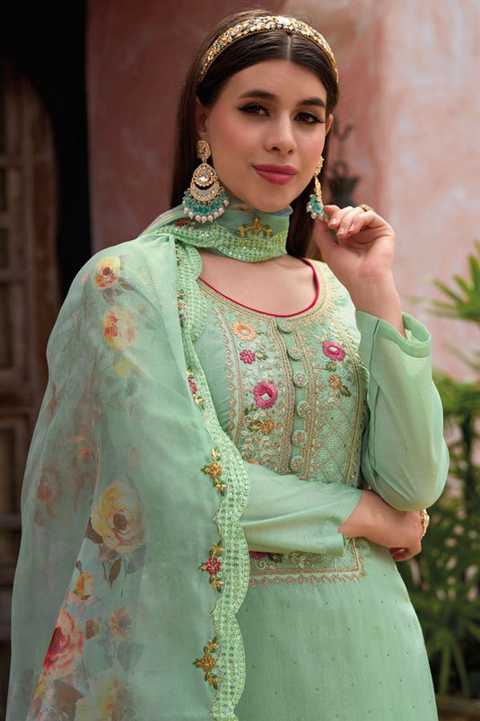 Flamboyant Art Silk Fabric Function Wear Salwar Suit In Sea Green Color