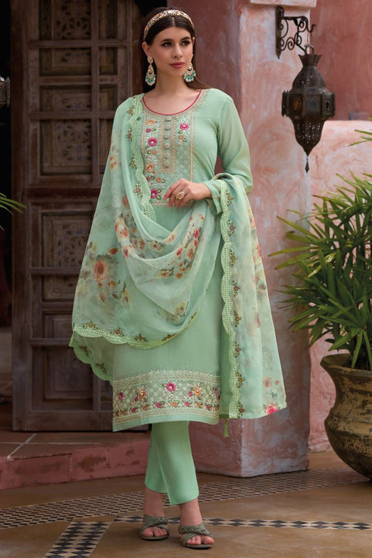 Flamboyant Art Silk Fabric Function Wear Salwar Suit In Sea Green Color