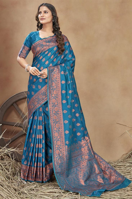 Embellished Festive Look Cyan Color Saree In Banarasi Silk Fabric