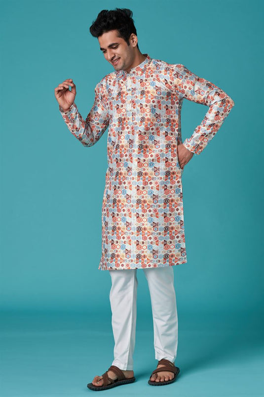 Appealing Off White Color Art Silk Fabric Function Wear Kurta For Men