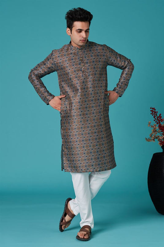 Grey Color Art Silk Fabric Reception Wear Striking Kurta For Men