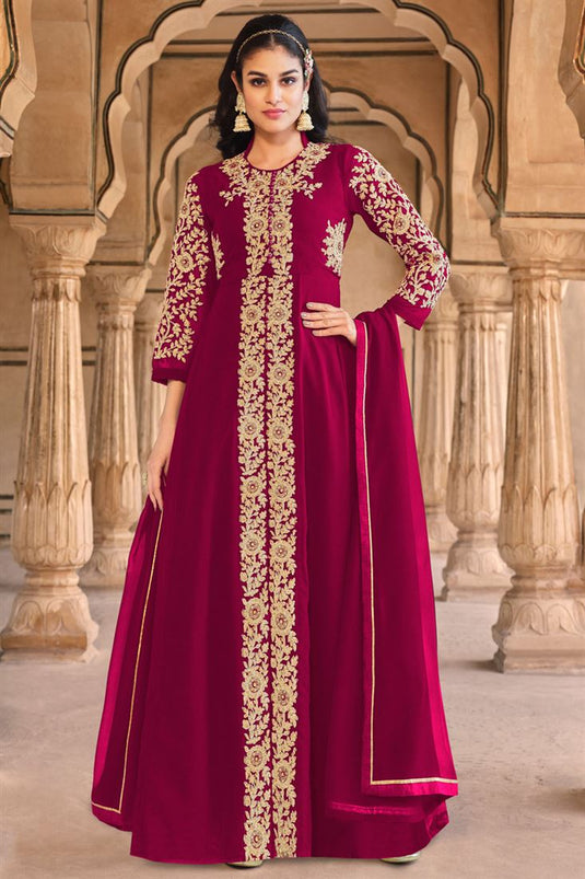 Georgette Fabric Function Wear Stylish Anarkali Suit In Rani Color