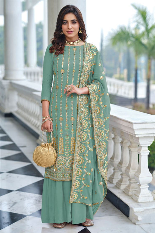 Ginni Kapoor Stunning Sea Green Color Georgette Fabric Palazzo Suit