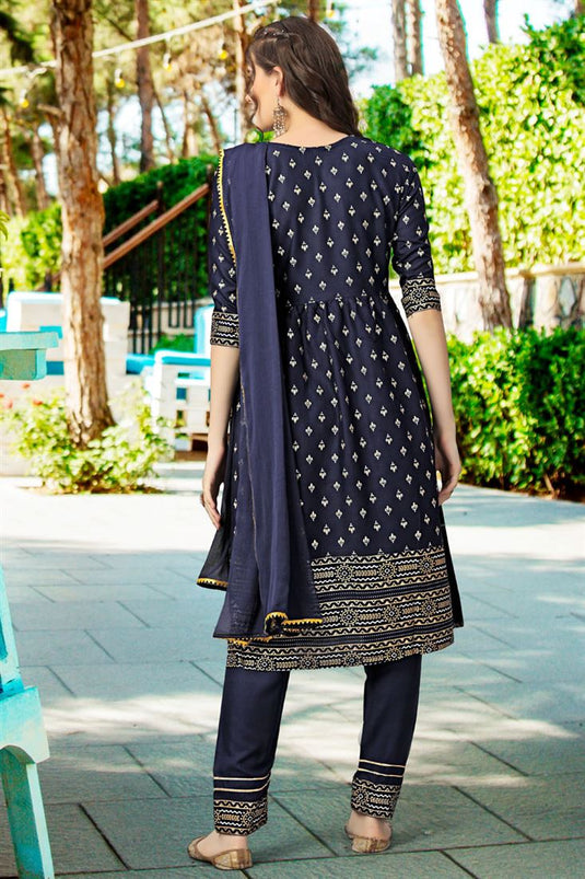 Mesmeric Navy Blue Color Printed Readymade Salwar Suit In Rayon Fabric