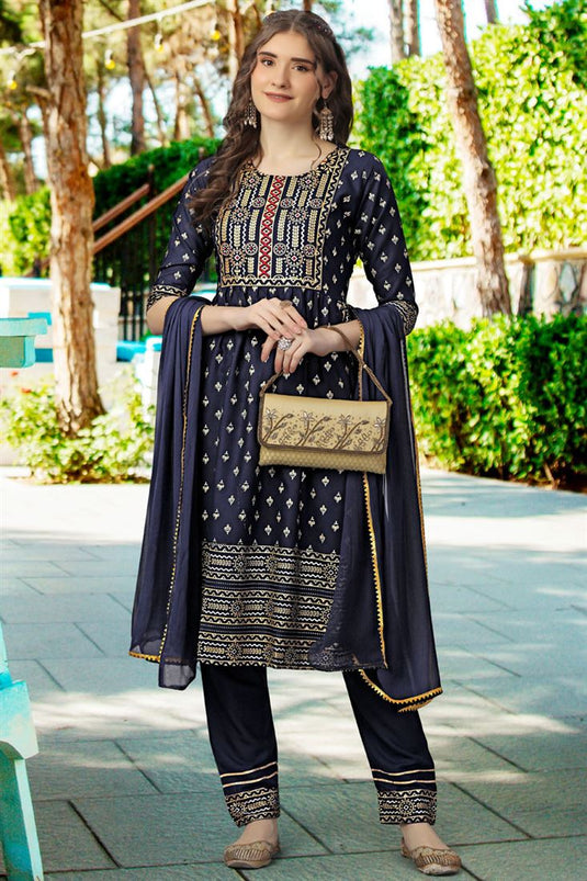 Mesmeric Navy Blue Color Printed Readymade Salwar Suit In Rayon Fabric