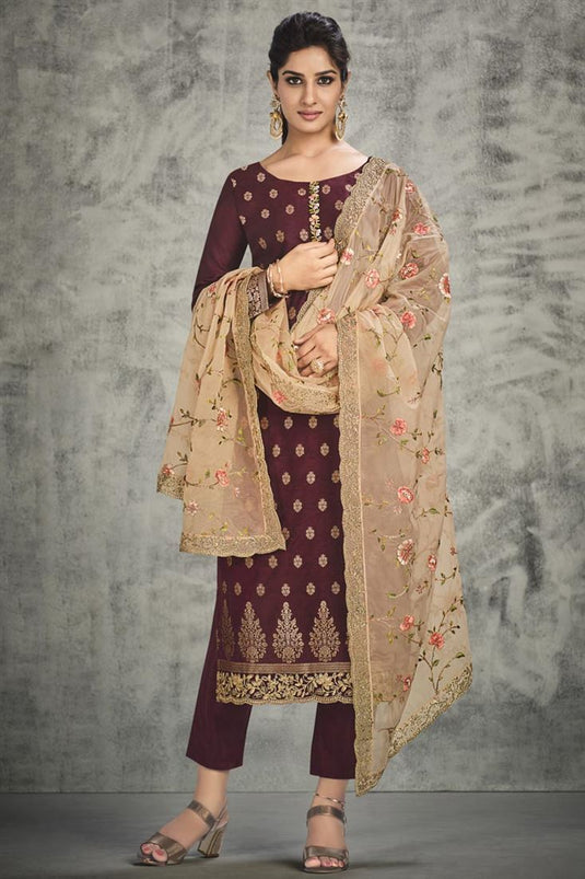 Maroon Color Beguiling Jacquard Silk Salwar Suit In Party Wear