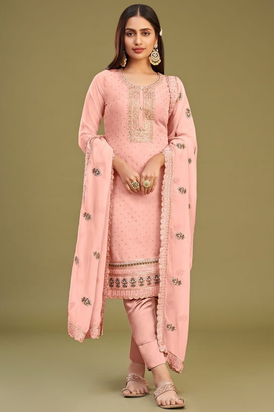 Incredible Embroidered Work On Peach Color Georgette Salwar Suit