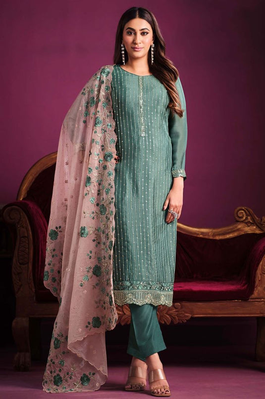 Excellent Chinon Fabric Dark Cyan Color Salwar Suit For Function