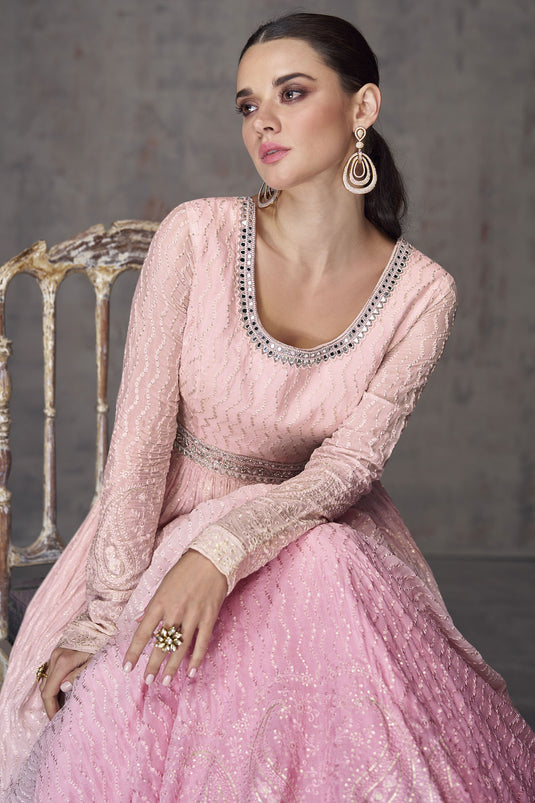 Pink Color Embroidered Readymade Anarkali Style Long Gown With Dupatta