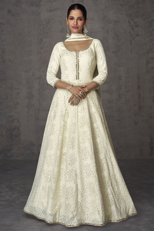 Embroidered White Color Readymade Anarkali Style Long Gown With Dupatta