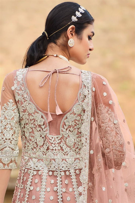 Gorgeous Peach Net Anarkali Suit with Embroidered Work for Party