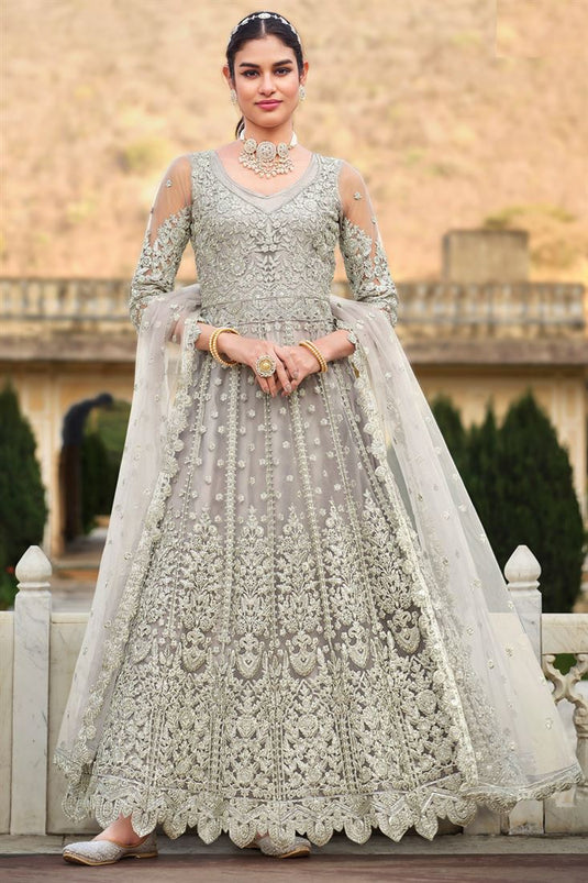 Elegant Grey Net Anarkali Suit with Embroidered Work for Party