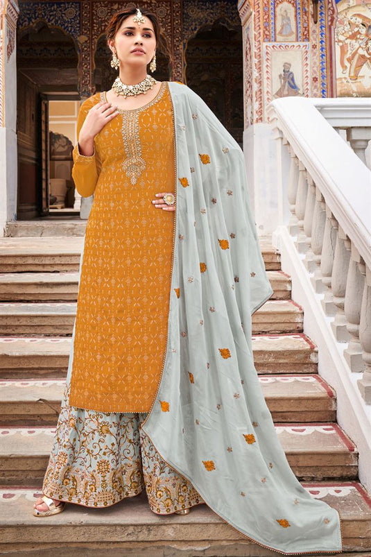 Astounding Mustard Color Chinon Fabric Festival Wear Palazzo Suit