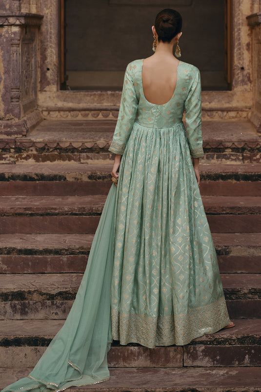 Jacquard Silk Fabric Embroidered Readymade Long Anarkali Style Gown With Dupatta