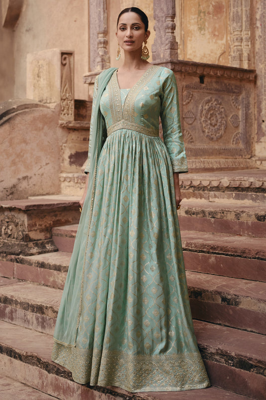 Jacquard Silk Fabric Embroidered Readymade Long Anarkali Style Gown With Dupatta