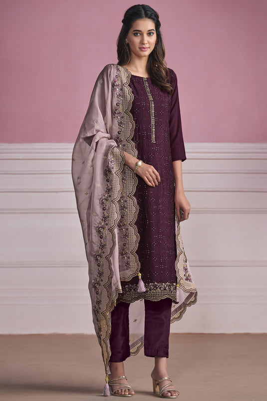 Function Wear Purple Color Embroidered Straight Cut Suit In Chiffon Fabric