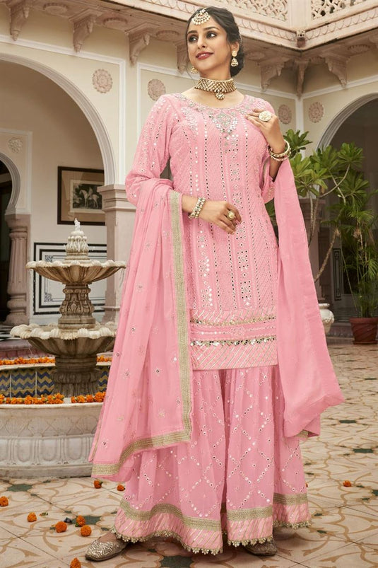 Georgette Fabric Embellished Function Wear Pink Color Palazzo Suit