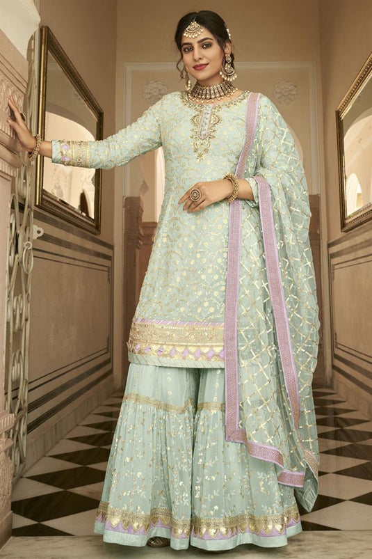 Light Cyan Color Graceful Function Wear Georgette Fabric Palazzo Suit