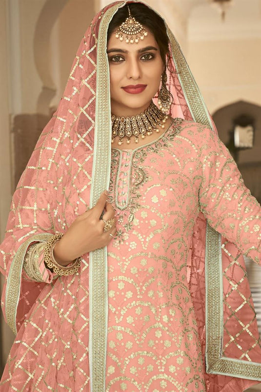 Peach Color Georgette Fabric Glamorous Palazzo Suit In Function Wear