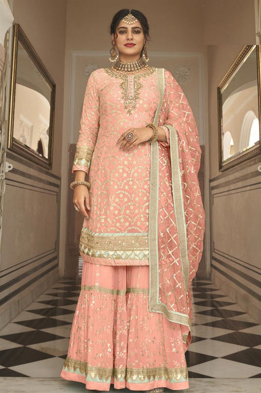 Peach Color Georgette Fabric Glamorous Palazzo Suit In Function Wear