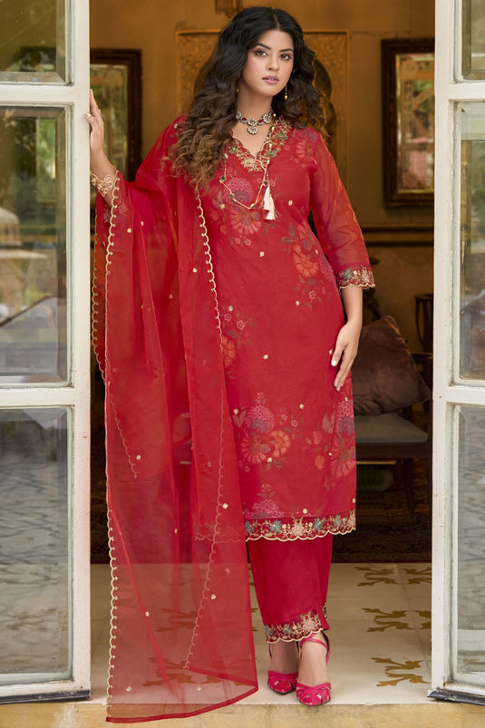 Red Color Festive Wear Embroidered Readymade Straight Cut Salwar Suit In Organza Fabric