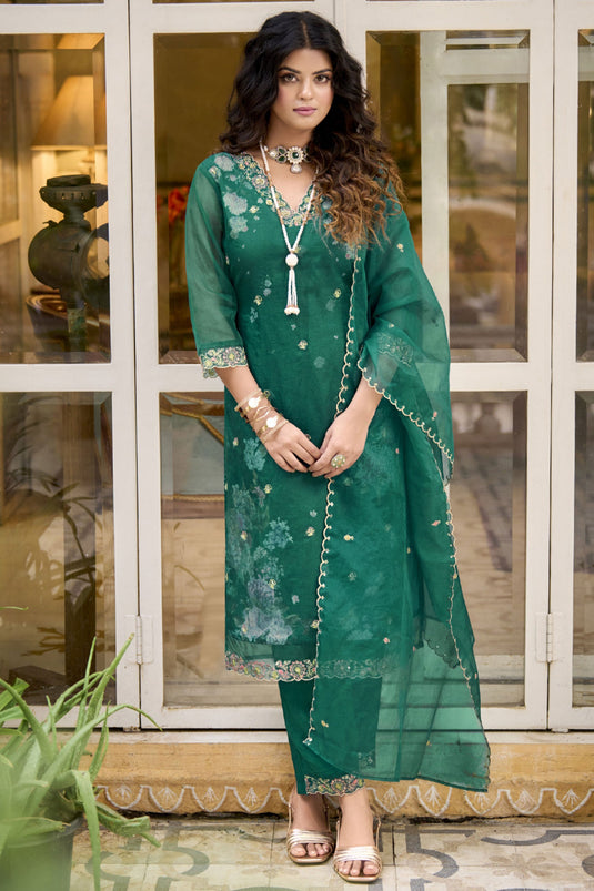 Teal Color Embroidered Readymade Straight Cut Salwar Suit In Organza Fabric