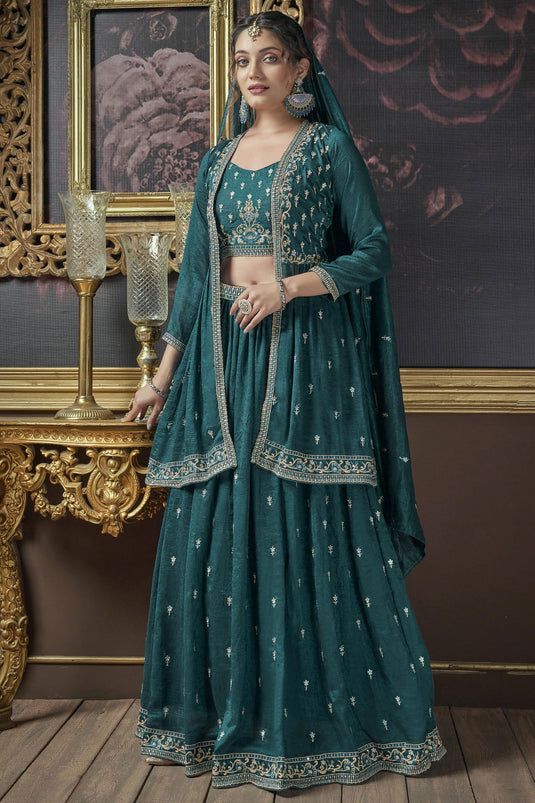 Embroidered Teal Color Fashionable Readymade Lehenga With Long koti In Art Silk Fabric