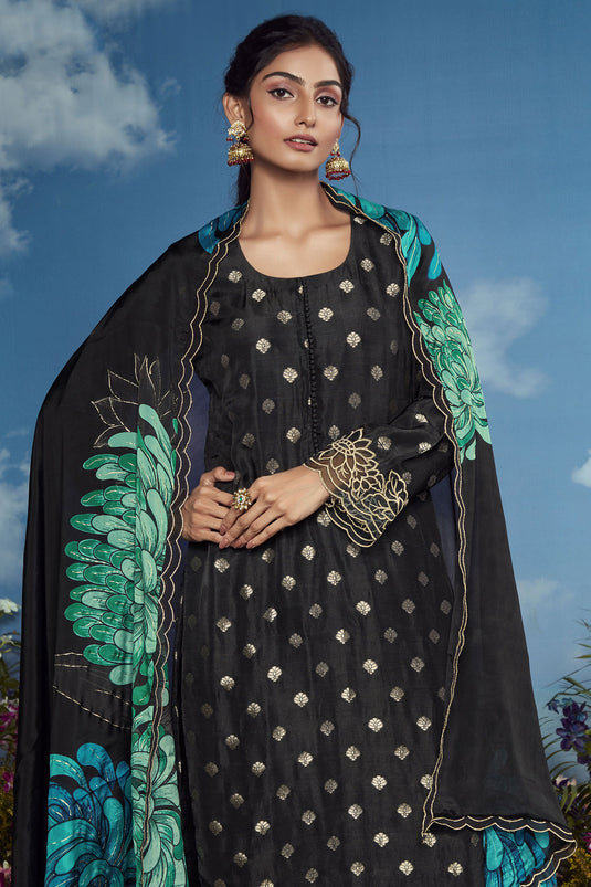 Function Wear Black Color Embroidered Palazzo Salwar Suit In Organza Fabric