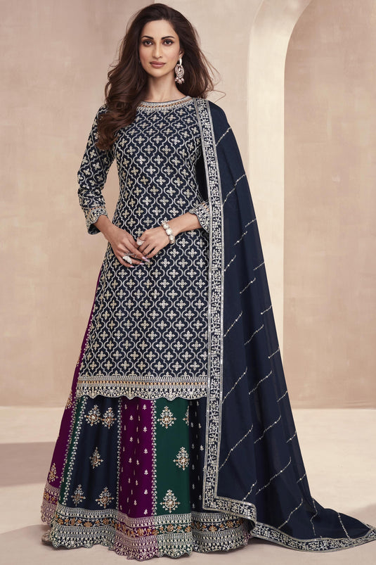 Embroidered Navy Blue Designer 3 Piece Readymade Sharara Top Lehenga In Chinon Silk Fabric